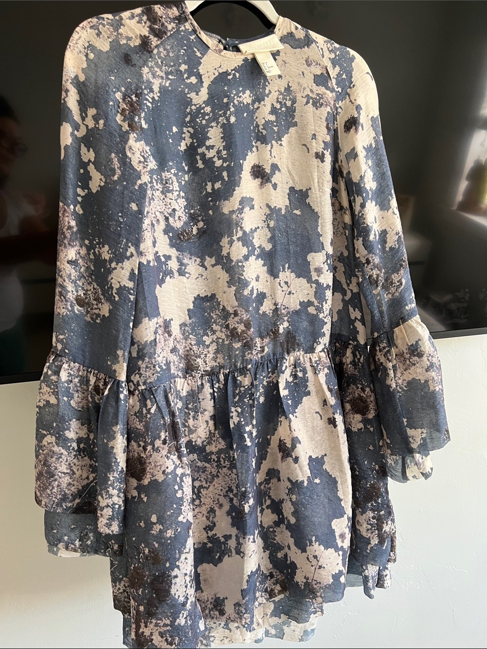 Women Long Sleeve Ruffled Hem Dress - Blue & Cream